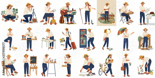 A collection of characters in straw hats and white shirts engaged in a variety of hobbies and activities like gardening, travel, and music.