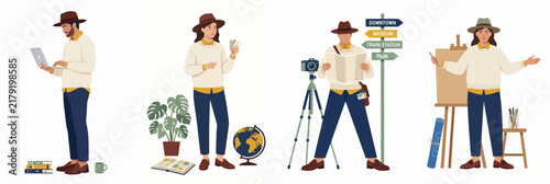Diverse set of creative people and travelers including an artist, photographer, digital nomad, and explorer in a flat illustration style.