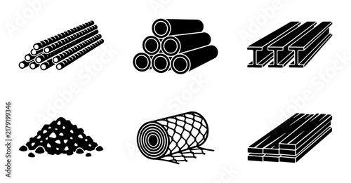 Industrial Materials Icons: Metal Rods, Pipes, Beams, Gravel, Mesh, and Steel Bars Vector Set for Construction and Manufacturing Concepts