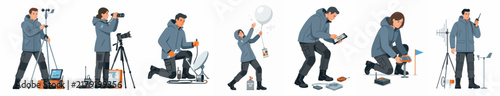 Collection of flat vector illustrations featuring scientists and meteorologists using specialized field equipment and communication tools, isolated on white background.