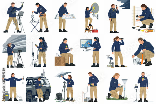 Vector illustration set of meteorologists and weather scientists using professional equipment for data collection, atmospheric monitoring, and field research.