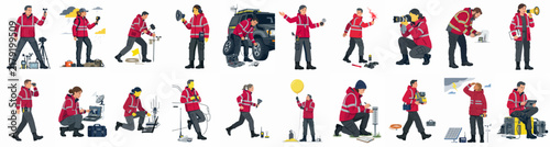 Large Collection of Flat Design Characters Depicting Professional Field Technicians and Emergency Workers in Diverse Working Poses with Equipment