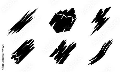 Set of 6 Black Wood Splinter and Crack Vector Icons, Rough Textured Grunge Elements for Design, Isolated on White Background
