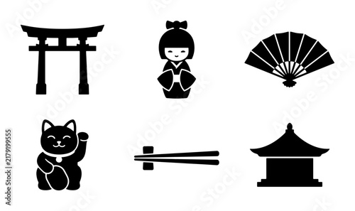 Japanese Culture Icons, Traditional Symbols Set: Torii Gate, Kokeshi Doll, Maneki Neko Cat, Fan, Chopsticks, Pagoda Building, Vector Graphics