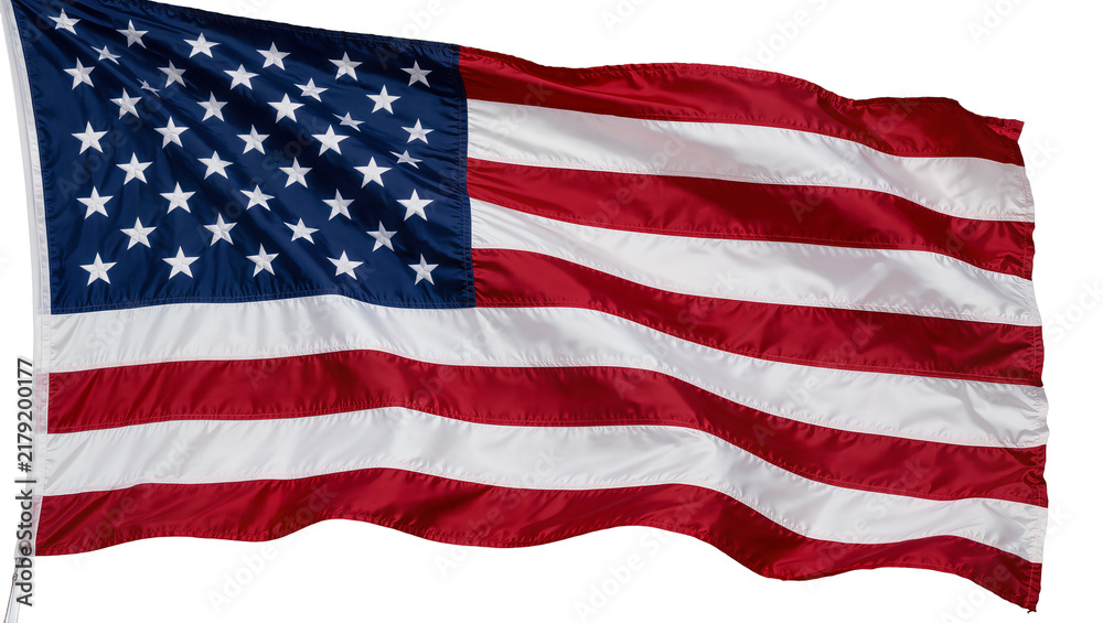 Fototapeta premium Waving American flag with red and white stripes and blue field with stars, isolated on transparent background