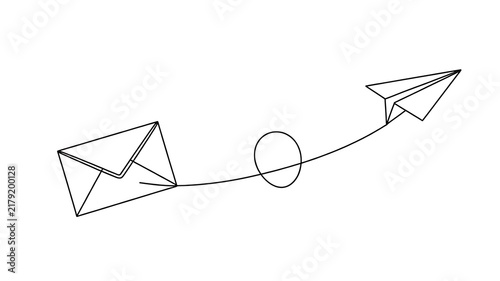 Minimal line illustration of an envelope connected to a flying paper airplane
