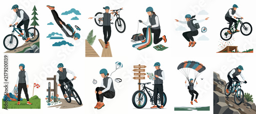 Adventure Activities Vector Illustration Set Featuring Mountain Biking, Skydiving, and Outdoor Exploration with a Consistent Character Design