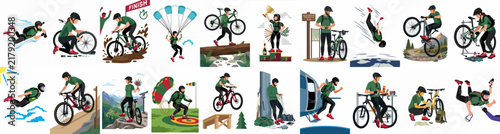 A collection of stylized illustrations depicting a young man participating in extreme outdoor activities like mountain biking and skydiving.