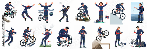 Comprehensive collection of mountain biking illustrations depicting diverse activities such as riding, racing, jumping, celebrating victory, and performing bicycle maintenance in flat style.