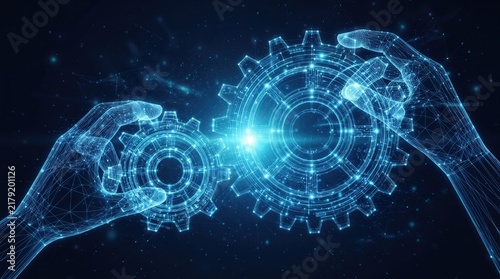 Digital wireframe hands aligning glowing holographic cogwheels and gears, illustrating system integration and industrial automation for artificial intelligence marketing and technology web design.