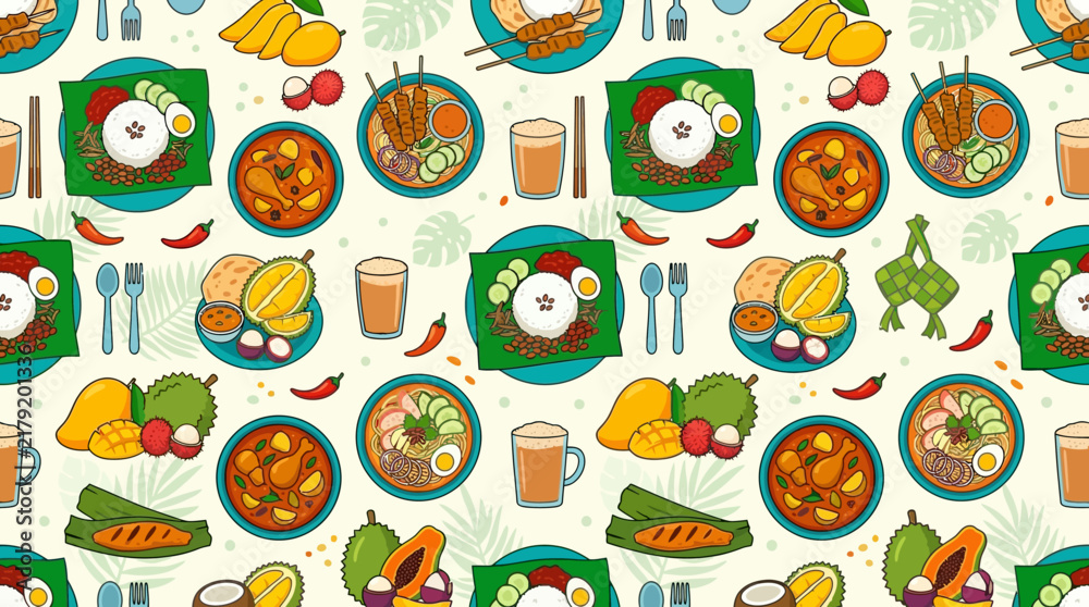Fototapeta premium Flat vector Malaysian food seamless pattern, nasi lemak, satay, curry, tropical fruits and Southeast Asian food icons, clean minimal flat design style, vibrant colorful palette, balanced repeating com