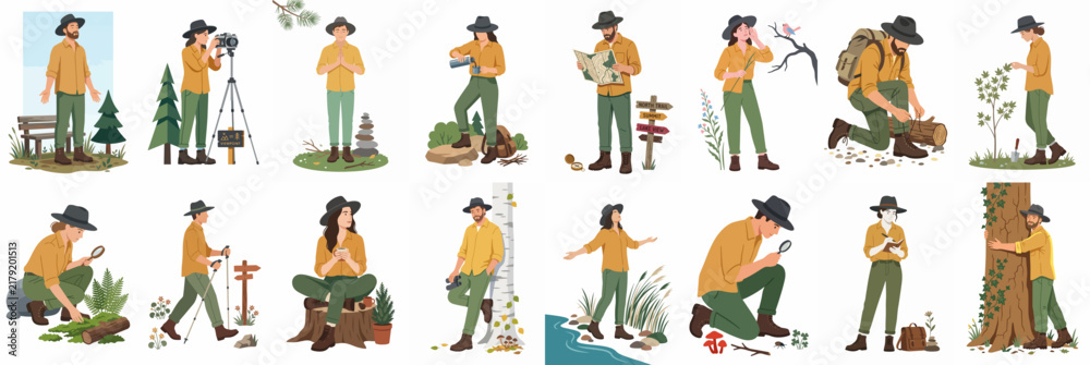 Obraz premium Set of flat illustrations featuring people in outdoor gear engaged in activities like hiking, photography, and nature exploration in forest environments.