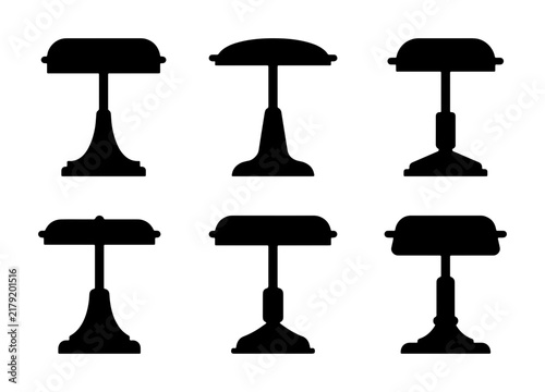 Retro Banker's Lamp Silhouettes, Vintage Desk Light Icons, Classic Study Lamp Vector Set, Industrial Office Lighting Collection