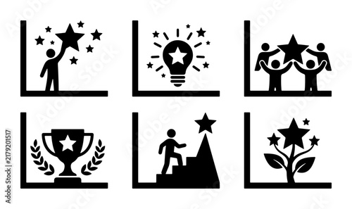 Success Icons Set: Achievement, Teamwork, Innovation, Victory, Growth, Goals. Vector Graphics for Business and Motivation.