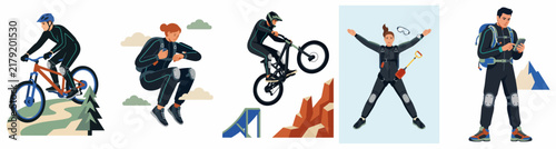 Collection of Flat Illustrations Depicting Diverse Extreme Sports and Outdoor Adventure Activities Including Mountain Biking, Skydiving, and Hiking.