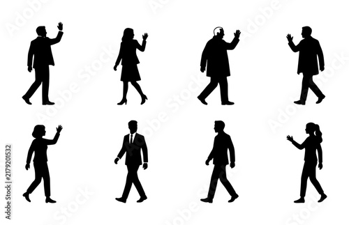 Diverse Business People Silhouettes Collection, Professional Men and Women Walking, Waving Hello, Vector Icons Set for Corporate Use