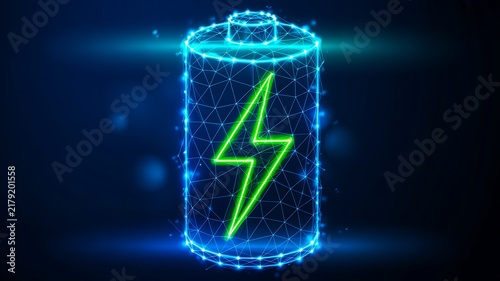 Glowing battery symbol representing energy storage, power technology and sustainable electricity