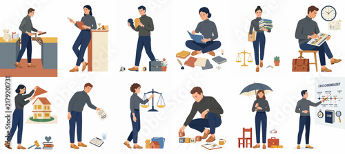 Diverse collection of professional characters in flat vector style performing office, law, finance, and business-related tasks.