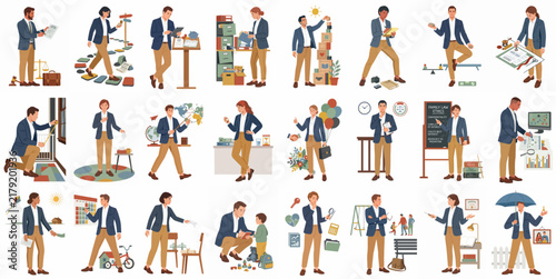 Collection of flat vector illustrations depicting a professional man in various daily life and work scenarios, including office tasks, home activities, and parenting.