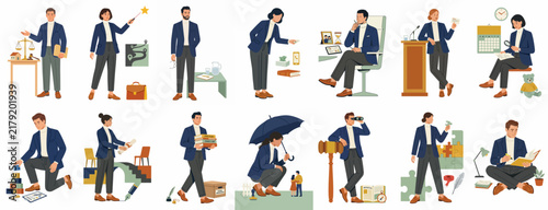 Collection of Business Professionals Engaged in Various Corporate Tasks and Strategic Activities Set Against a White Background