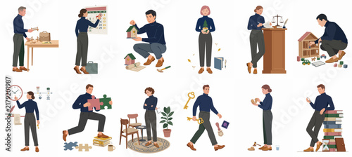 Collection of flat vector illustrations showing people engaged in business, financial planning, legal matters, home activities, and personal growth on white background.