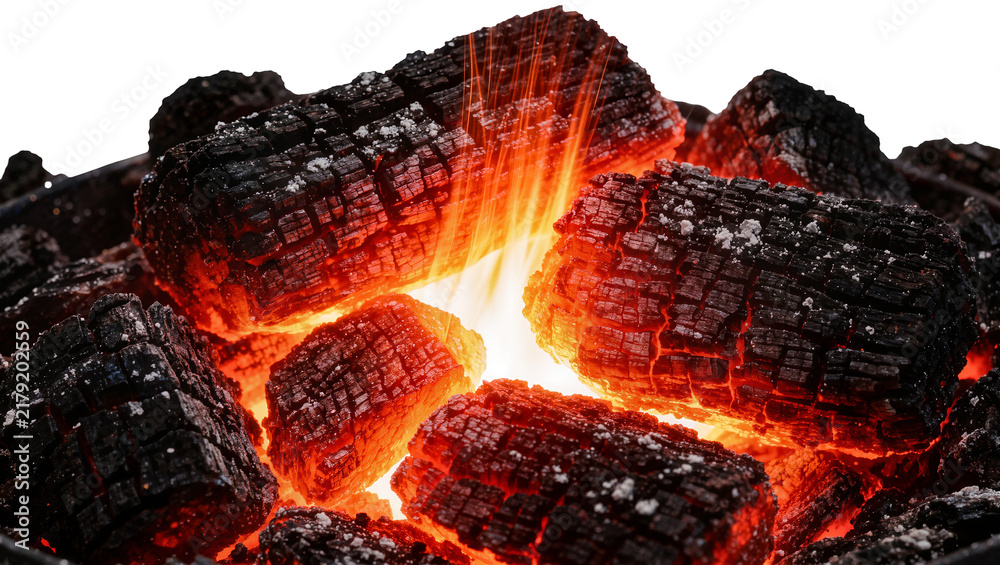Obraz premium Glowing hot charcoal embers with bright orange flames, isolated on transparent background