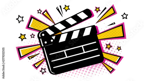 Black clapperboard with colorful pop art explosion and stars, isolated on transparent background