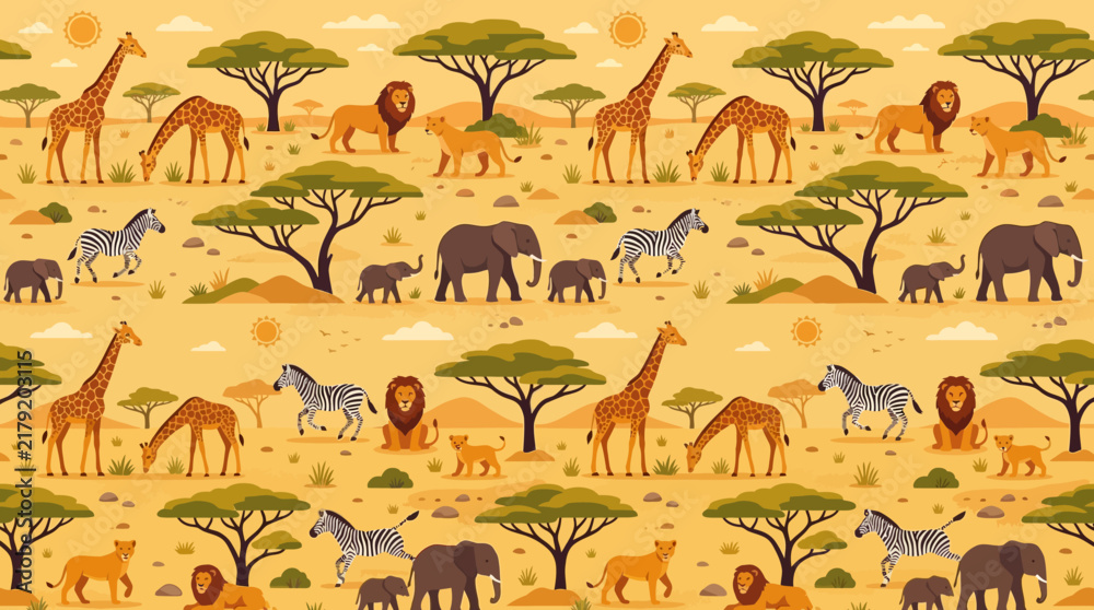 Fototapeta premium Flat vector safari animals seamless pattern, lions, giraffes, zebras, elephants and acacia trees, warm savanna aesthetic, clean minimal flat design style, golden sun-drenched palette, balanced repeati