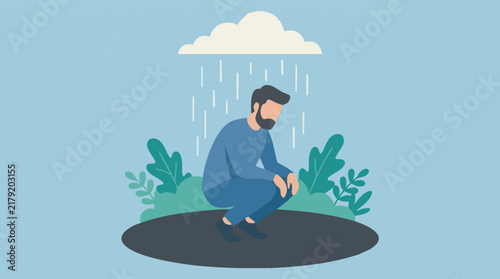 Foto Sad man under a storm cloud, representing mental health issues