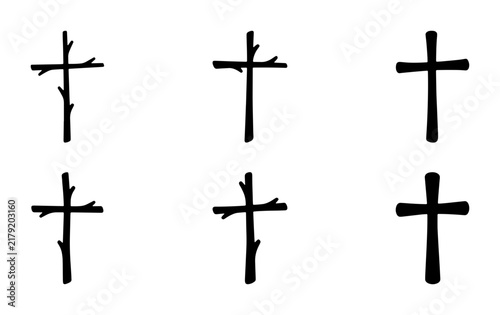 Rustic Cross Icons, Hand-Drawn Christian Symbols, Natural Wood Branch Crosses, Spiritual and Religious Vector Graphics