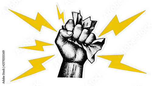 Obraz na plátně Fist crushing paper surrounded by yellow lightning bolts, isolated on transparen