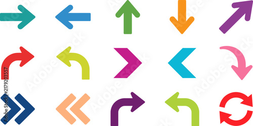Colorful arrow vector illustration icon set featuring various directions and styles for web design and user interface navigation elements collection