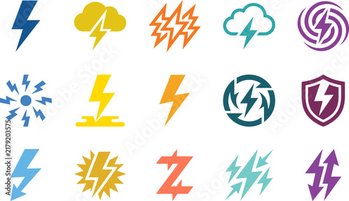 A comprehensive collection featuring an abstract thunder symbol vector illustration icon set designed for modern digital projects and creative graphic design applications