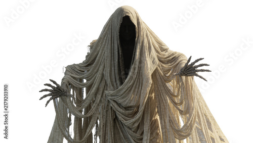 Foto Grim reaper figure with tattered shroud and skeletal hands, isolated on transpar
