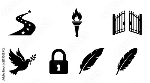 Symbolic Icons Set: Path, Torch, Gates, Dove, Lock, Feathers, Vector Graphics for Concepts of Journey, Knowledge, Opportunity, Peace, Security, Writing