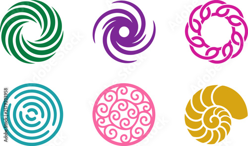 A collection featuring a colorful circular spiral frames vector illustration icon set displaying various decorative round geometric shapes and patterns
