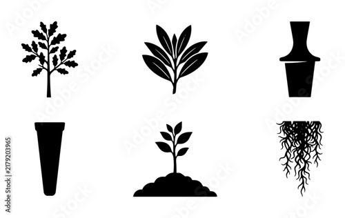Botanical Icons Set: Tree, Leaves, Vase, Sprout, Roots, Vector Graphics for Nature and Gardening Design