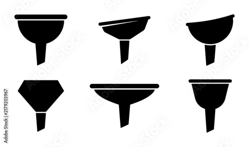 Set of Six Black Funnel Icons, Laboratory and Kitchen Tools, Simple Vector Graphics for Science and Cooking