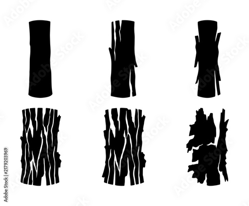 Set of Six Black Silhouettes of Tree Trunks, Wood Texture Variations, Natural Organic Shapes for Design Elements