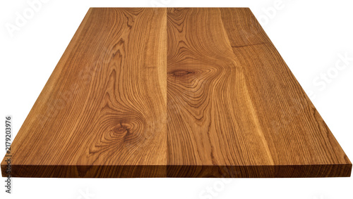Фотография Rich brown oak wood tabletop with prominent grain patterns, isolated on transpar