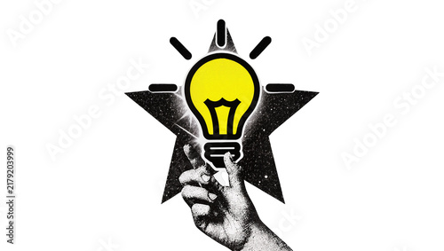 Hand holding glowing yellow light bulb against a textured star, isolated on transparent background