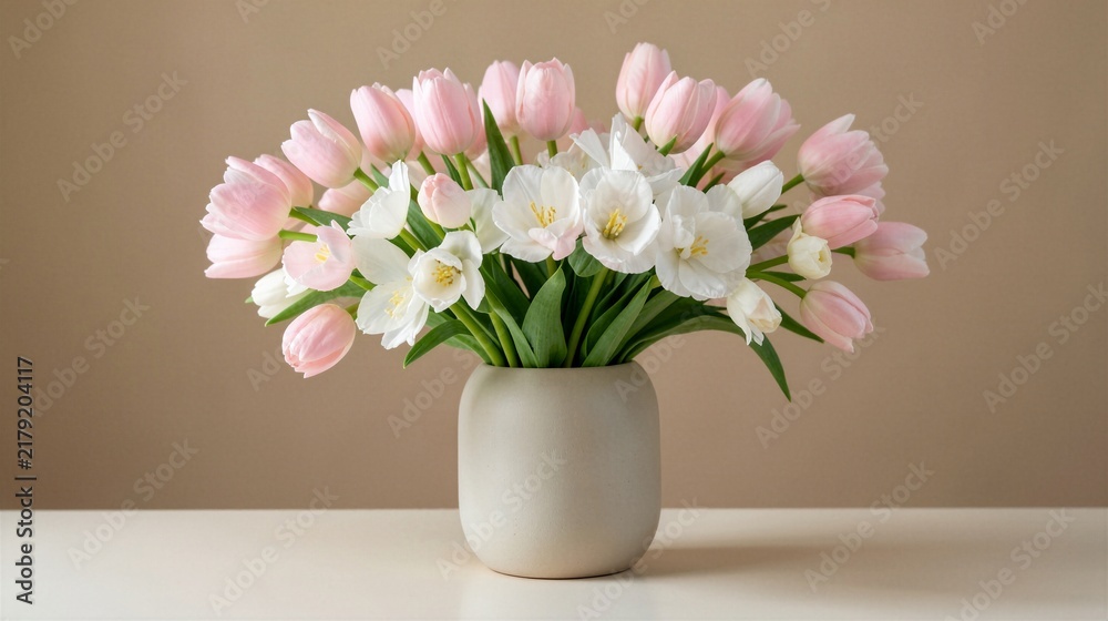 Fototapeta premium Photorealistic bouquet of pale pink tulips and white lisianthus displayed in a minimalist matte