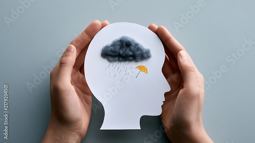 Heavy storm cloud inside paper head profile, emotional depression and therapy support concept, world mental health day