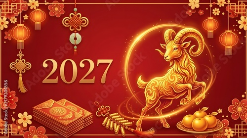 Chinese New Year 2027 Year of the Goat Golden Goat Circular Frame Festive Red Illustration