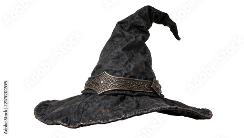фотографія Black textured witch hat with ornate silver band, isolated on transparent backgr
