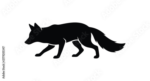 Black silhouette of a fox walking on a white background