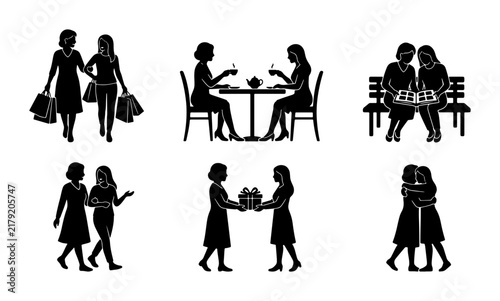 Friendship Silhouettes: Women's Friendship, Social Connection, and Shared Moments Vector Set