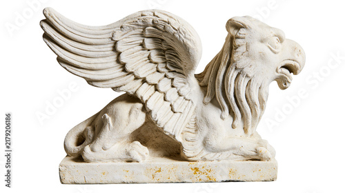 Картината върху платно Stone griffin statue with feathered wings, isolated on transparent background