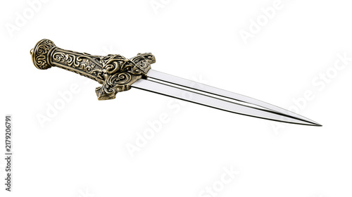 Fotografie Ornate antique dagger with detailed metal handle, isolated on transparent backgr