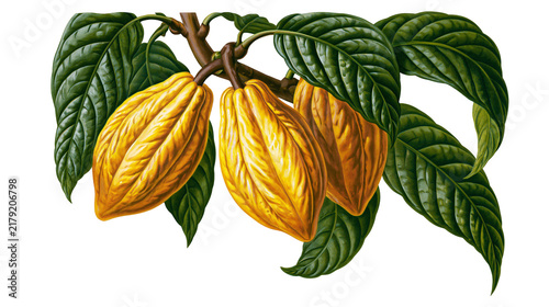 Yellow cocoa pods with dark green leaves on a branch, isolated on transparent background